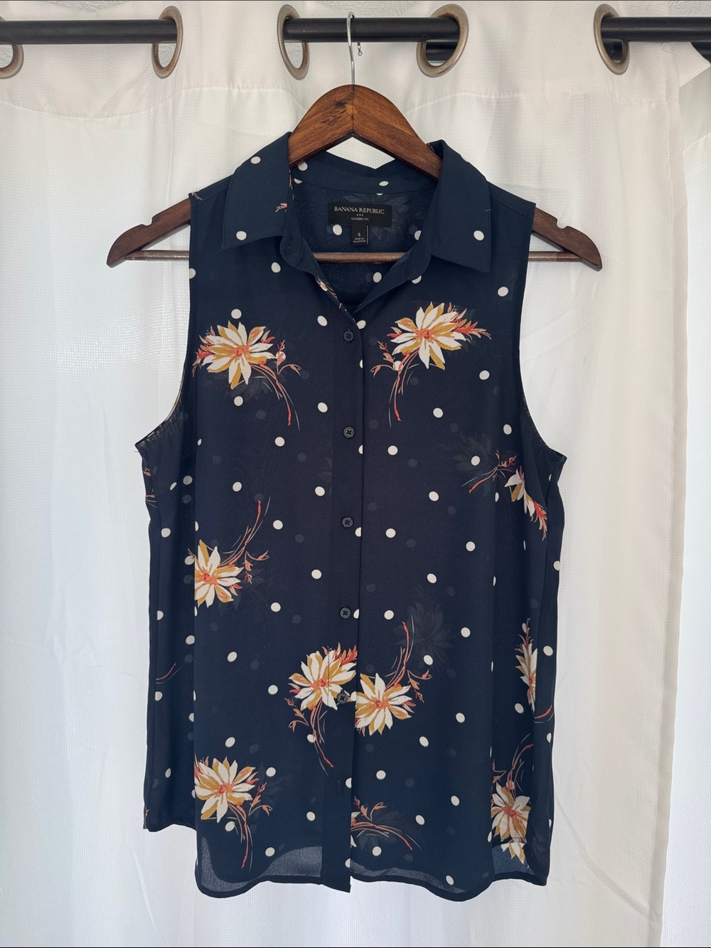 Banana Republic Navy Floral Polka Dot Sleeveless Blouse